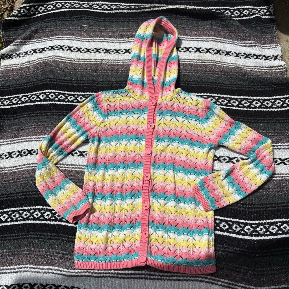 OSH KOSH B GOSH PASTEL CROCHET HOODED BUTTON UP SWEATER GIRLS SIZE 12